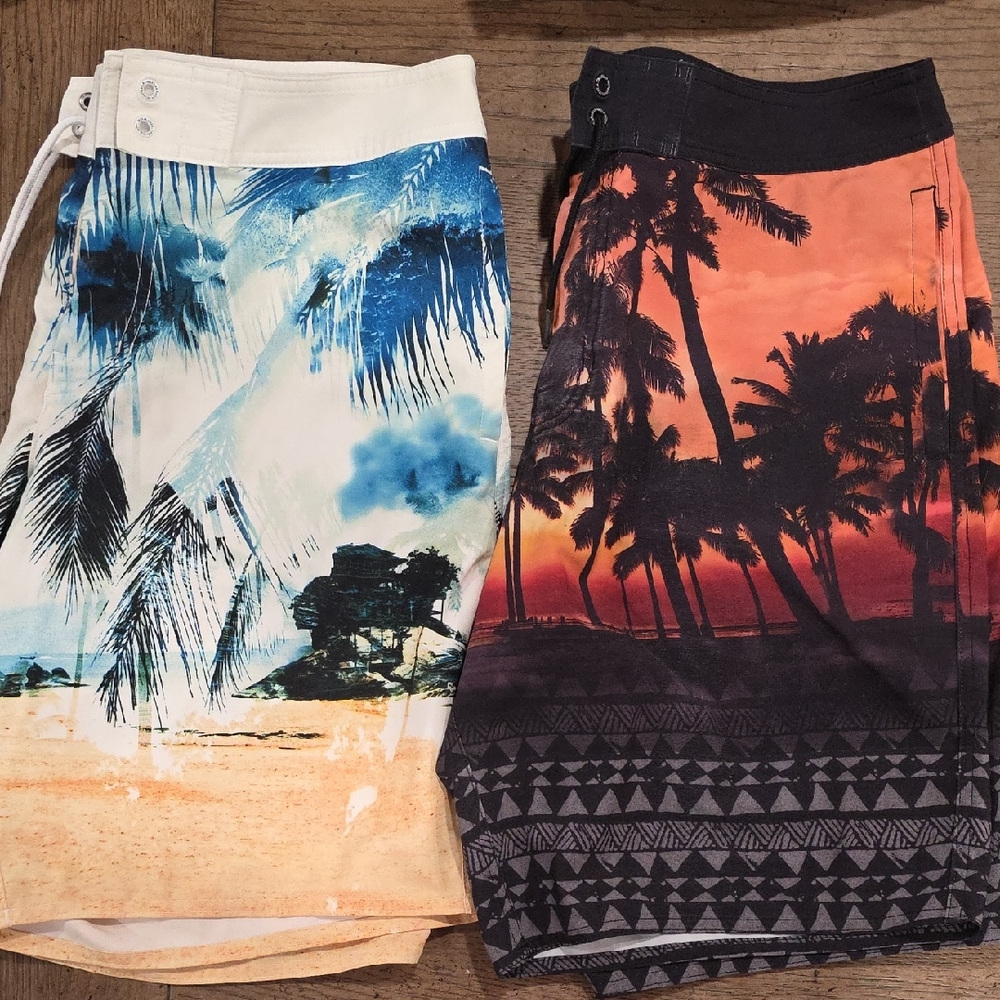 American Eagle Outfitters Blue and Orange Swim Trunks with Tropical Print